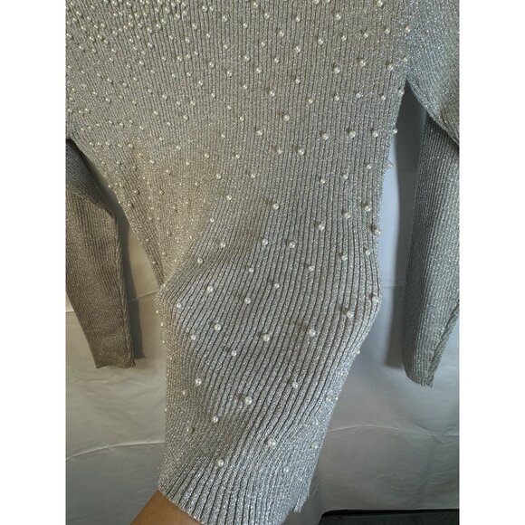 Fitted vintage heavily pearl beading silver shiny zipper back slight turtleneck - Picture 8 of 10